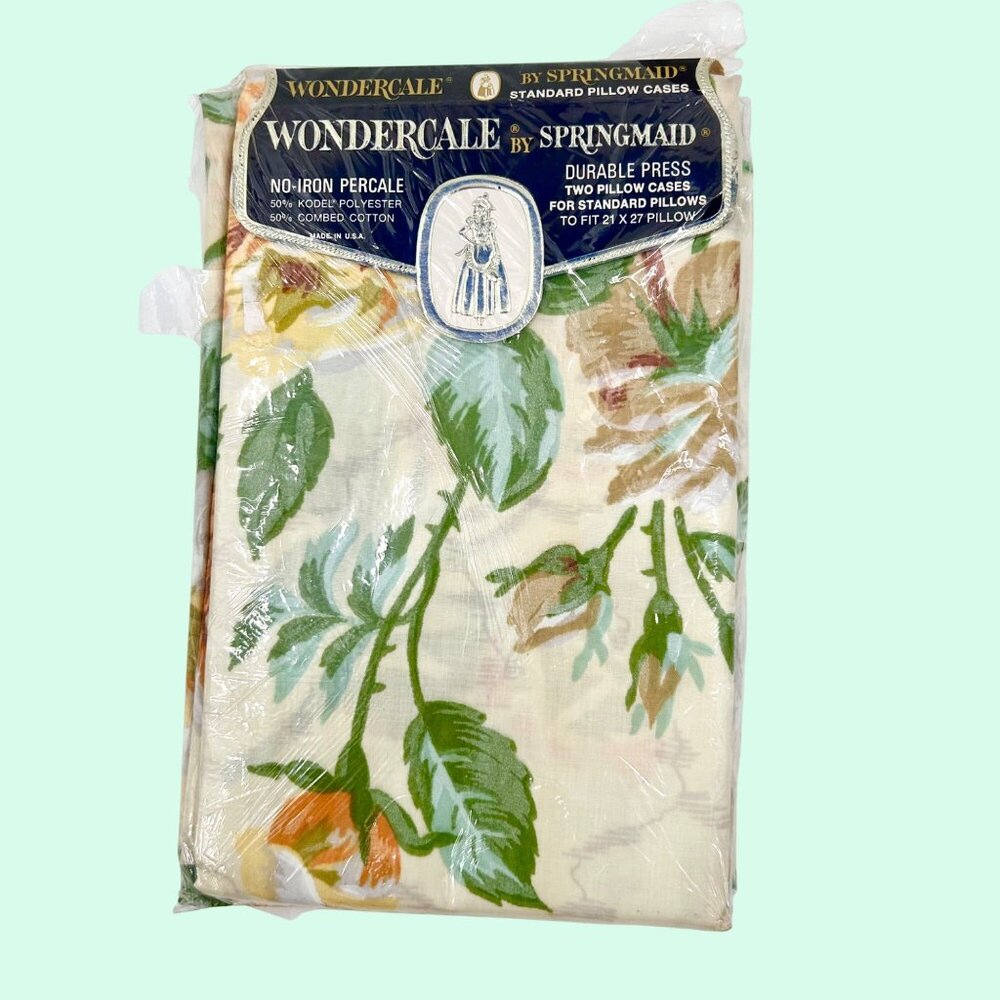 NIP VINTAGE SPRINGMAID WONDERCALE NO IRON PERCALE FLORAL PILLOWCASES 21" X 27"